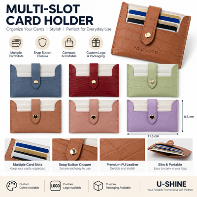 Custom PU Leather Multi-Slot Card Holder Wallet with Snap Closure