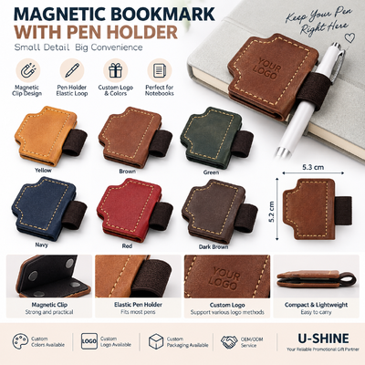 Custom PU Leather Magnetic Bookmark with Pen Holder for Promotional Gifts