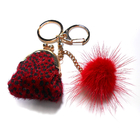 Dark Red Polyester Engraved Logo Coin Bag Keychain With Pom Pom Decoration