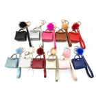 Square Metal Clip Leather 6cm Mini Purse Keychain Black Plating With Fluffy Ball