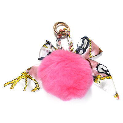 Debossed Logo 3.1inch Fluffy Light Pink Pom Pom Fur Ball Keychain Scarves Accessory