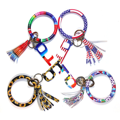 PU Leather Circle 3 Inches Bangle Keychain Bracelet With Tassel