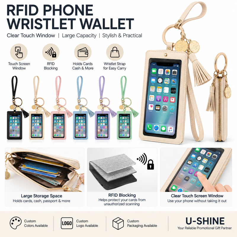 Custom RFID Phone Wristlet Wallet with Touch Screen Window