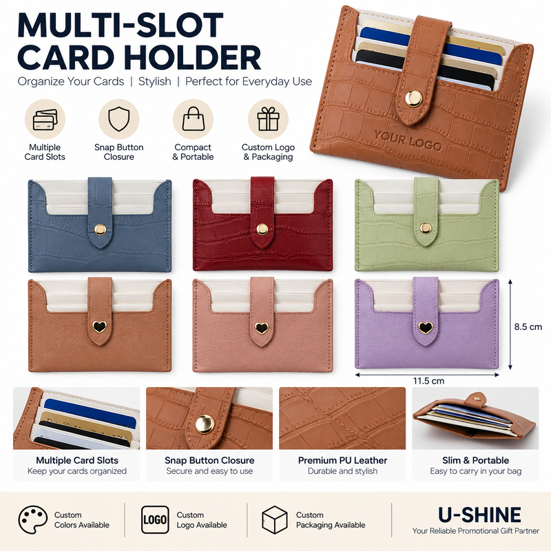 Custom PU Leather Multi-Slot Card Holder Wallet with Snap Closure