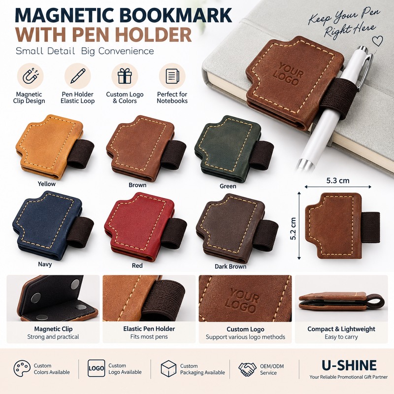Custom PU Leather Magnetic Bookmark with Pen Holder for Promotional Gifts