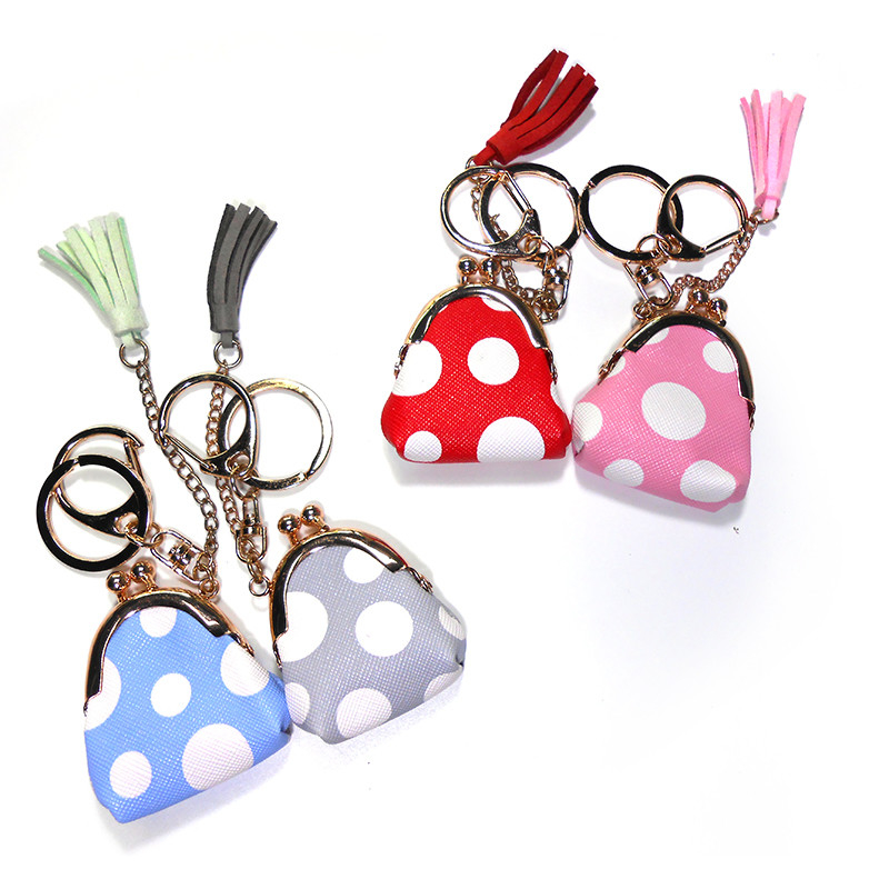 Brass Plated Spot Printed Mini Coin Bag Keychain With Tassel