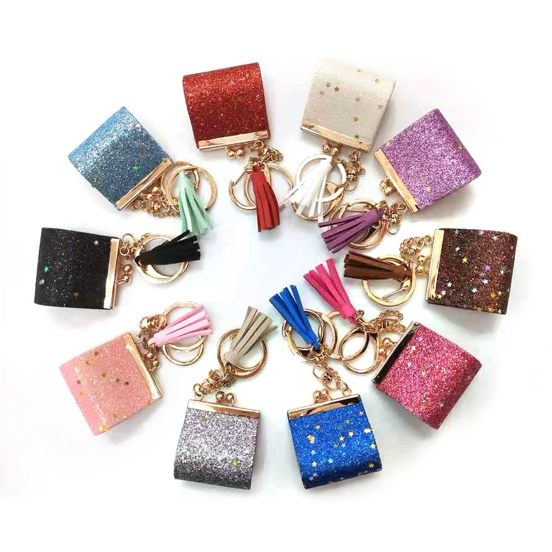 No Zipper Glitter Leather Mini Coin Purse Keychain Printing Logo For Backpack